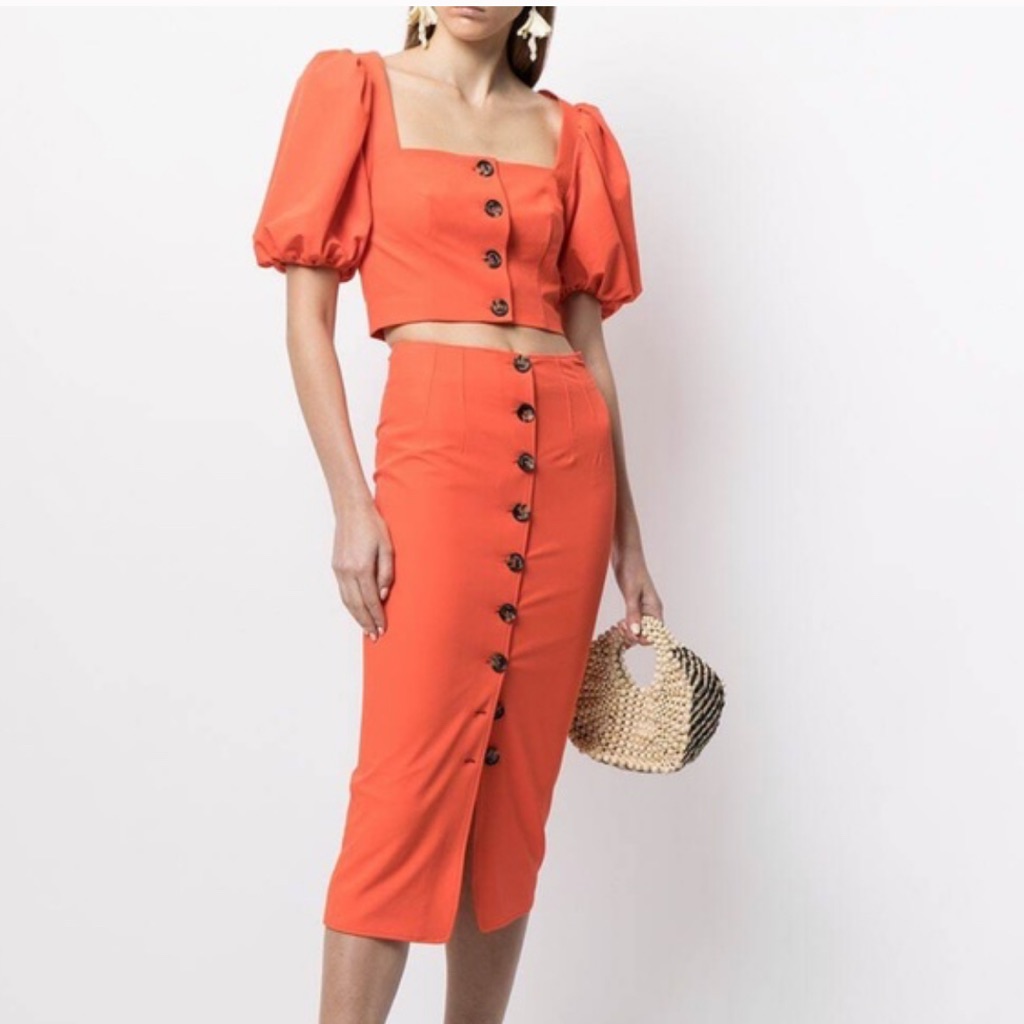 Cinq A Sept Orange Set. Puff Sleeve Crop Top + Buttoned Pencil Skirt